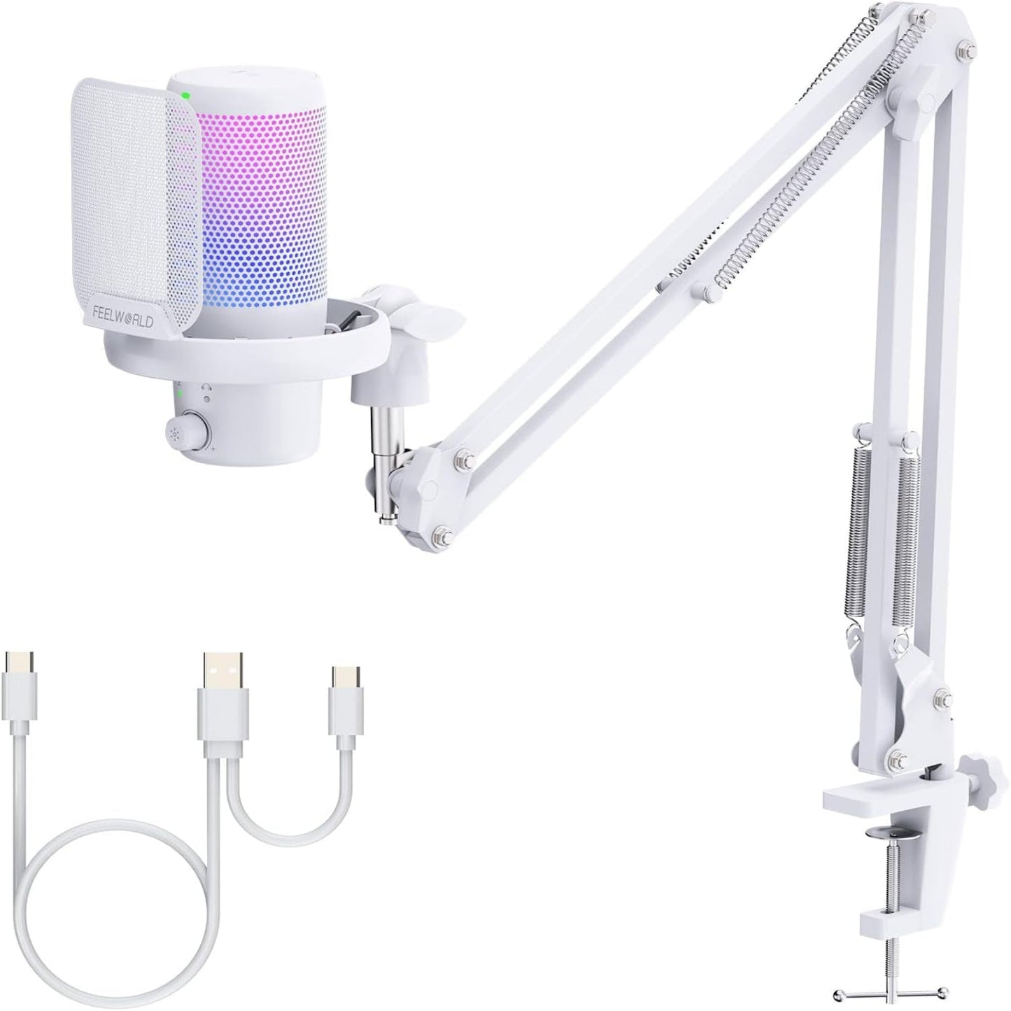 VM1 White Gaming PC USB Microphone Condenser Mic with Noise Cancellation Mute RGB Light, Computer Accessories Gifts for Gamer Youtube Twitch Podcast Streaming Recording Online Chat PS4 PS5